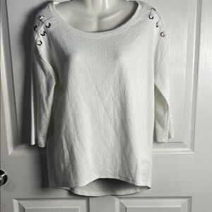 Onque Casuals White Textured Blouse with Lace-Up Detail